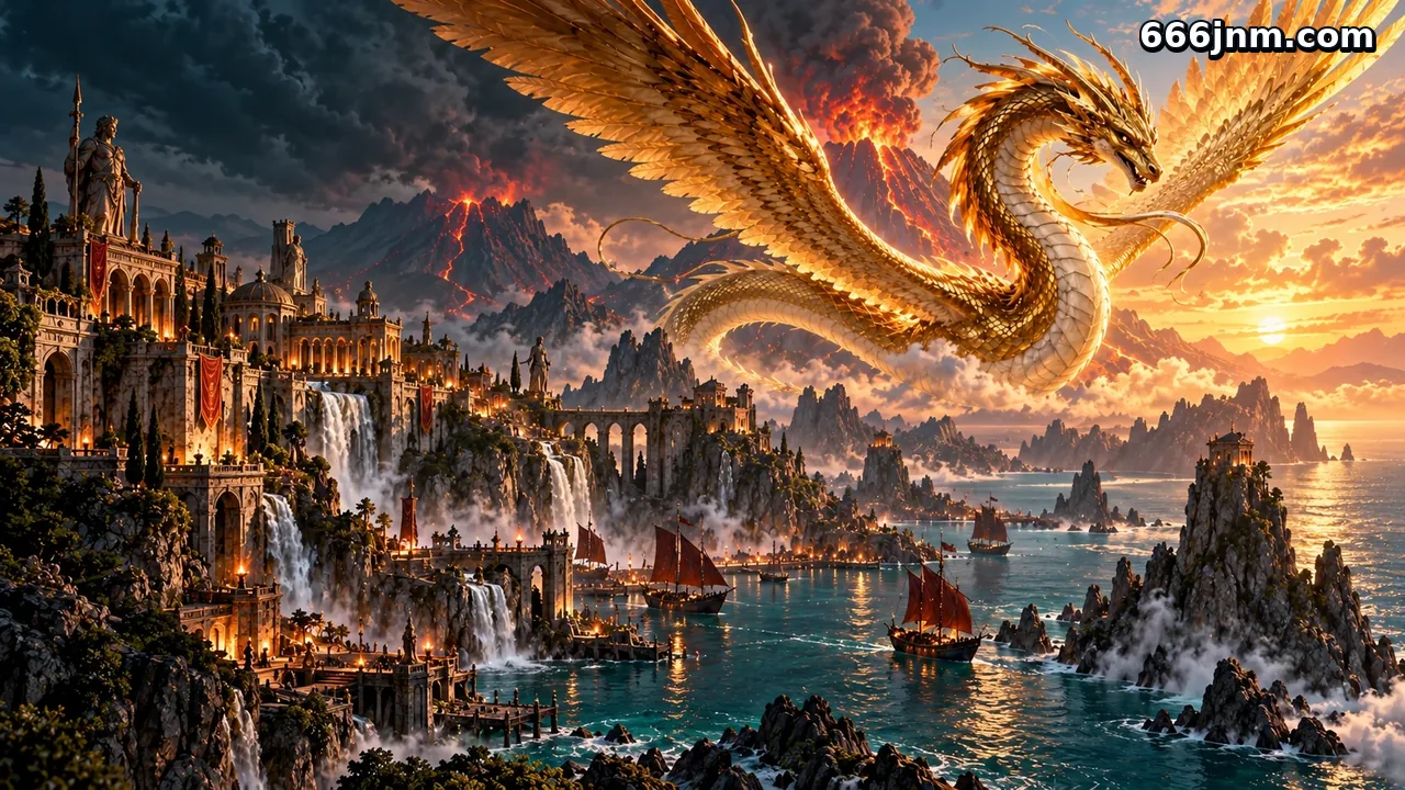 666j — Naga emas terbang di atas pelabuhan fantasi